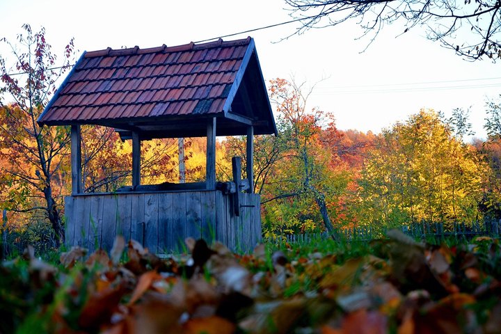 Šulinys po stogų rudens fone